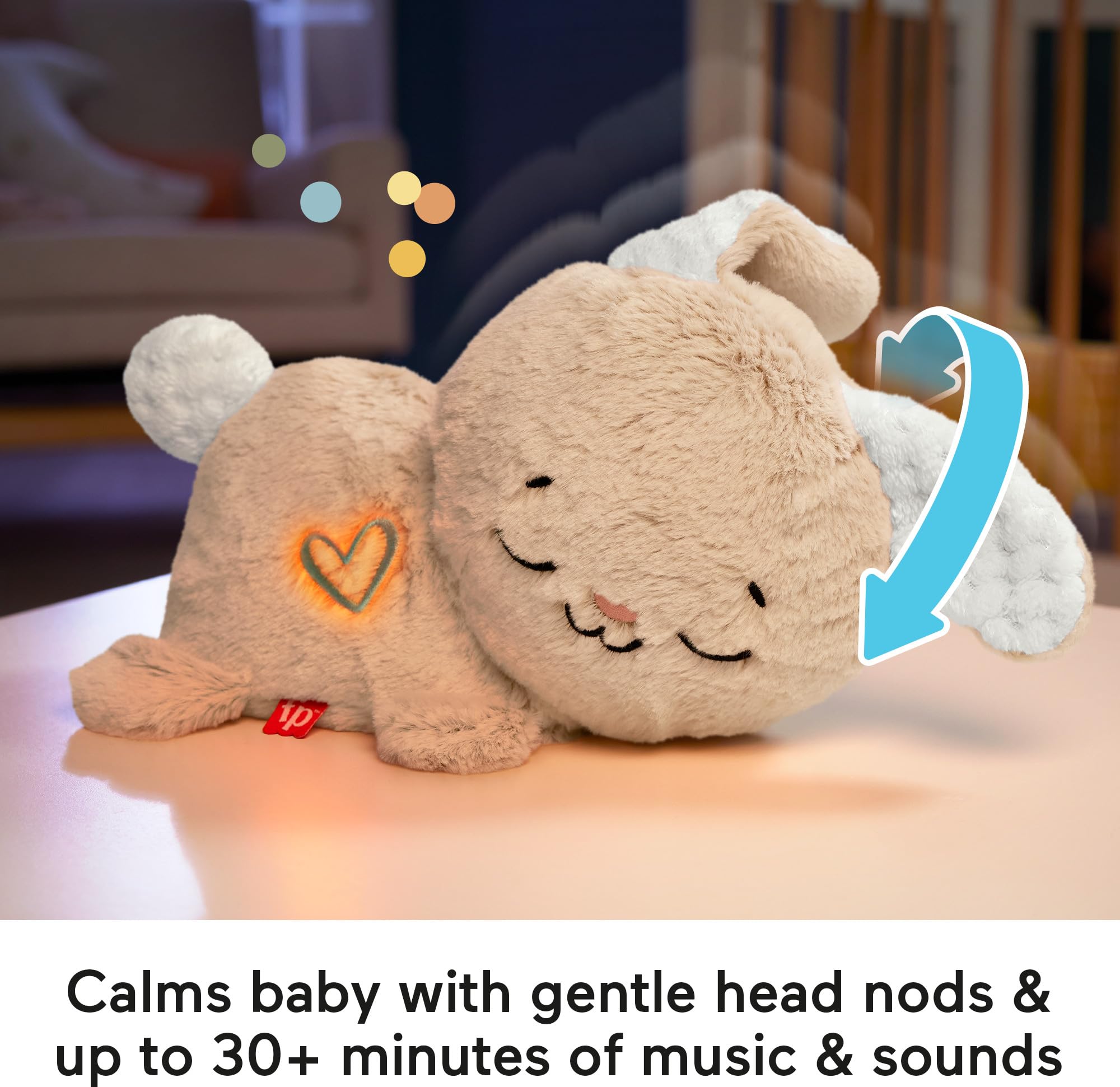 Fisher-Price Soothe & Settle Bunny head-nod motion helps baby settle during quiet playtime.