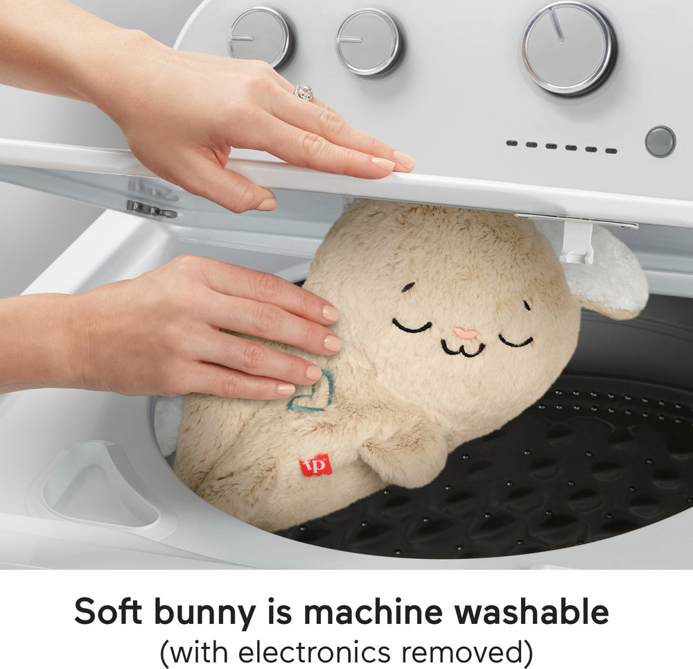 Fisher-Price Soothe & Settle Bunny plush toy is machine washable after electronics removal.