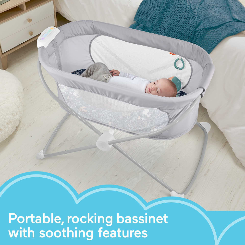 Fisher-Price Soothing View Vibe Bassinet compact fold shows ultra-slim storage.