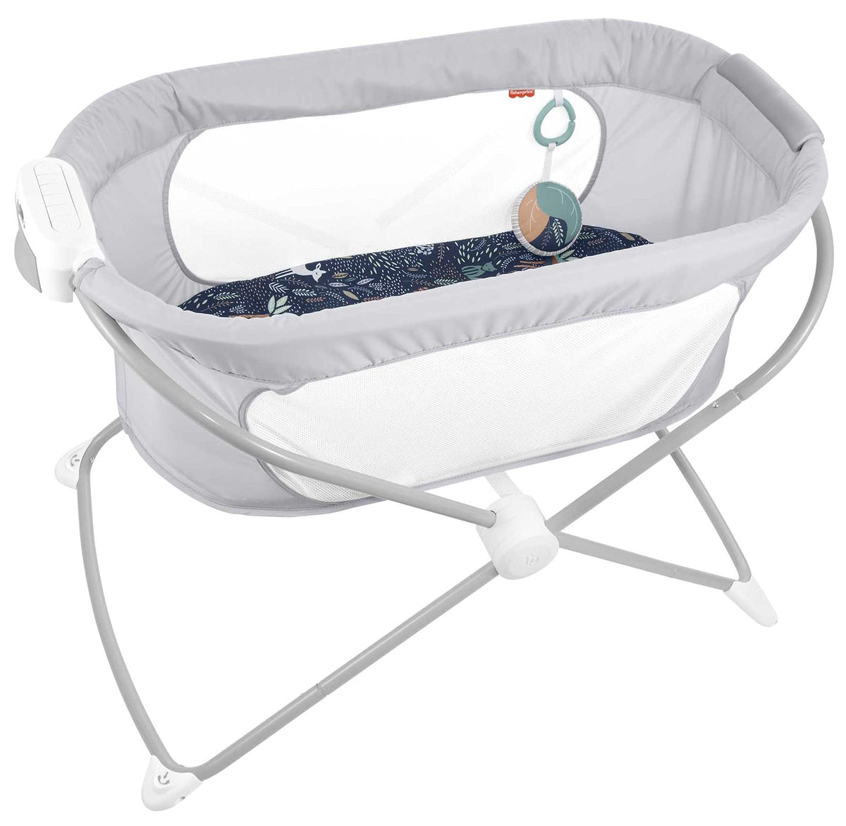 Fisher-Price Soothing View Vibe Bassinet side view highlights portable travel-ready design.