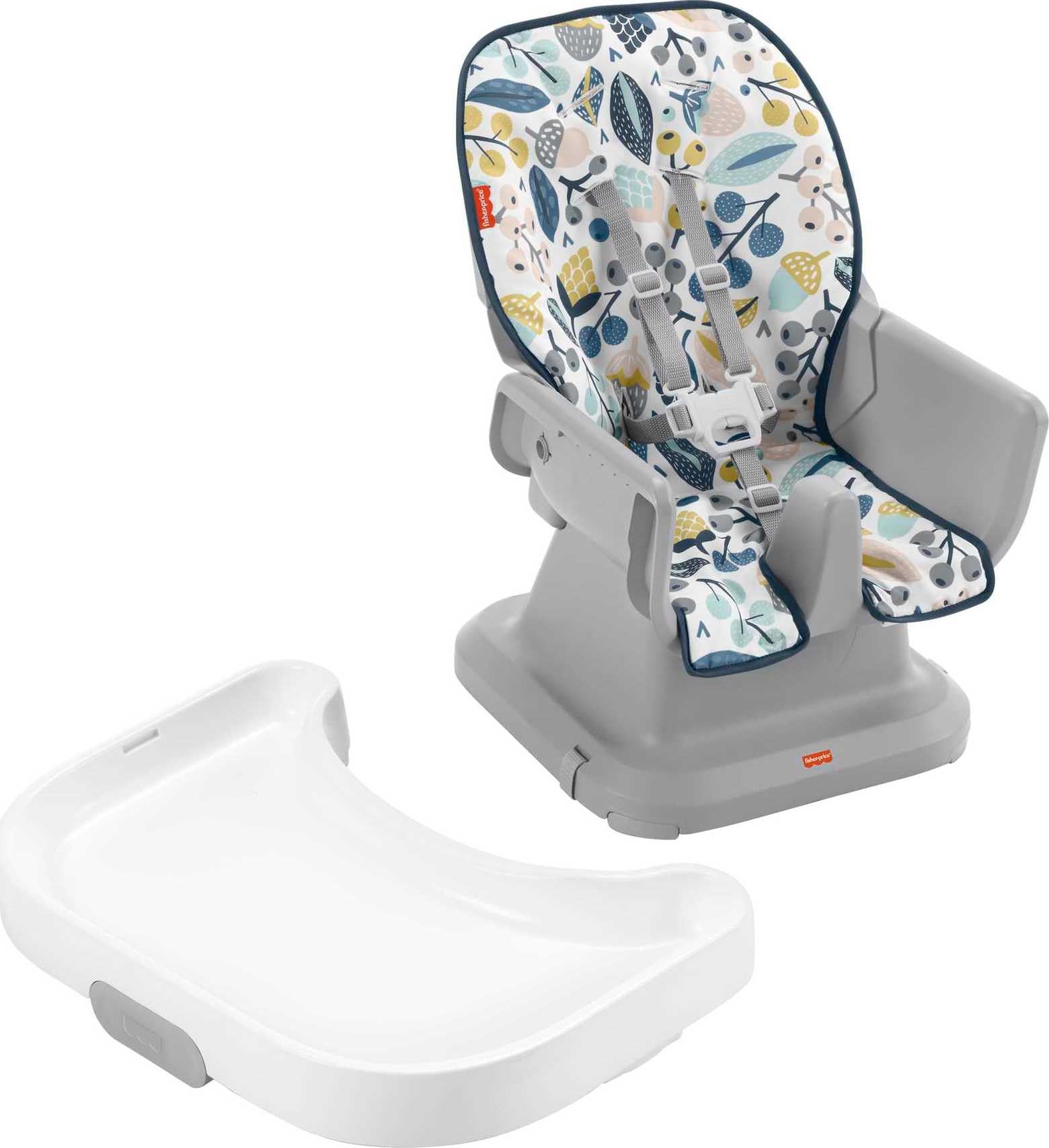 Fisher-Price SpaceSaver high chair navy foliage dishwasher-safe-tray—simple cleanup after meals.