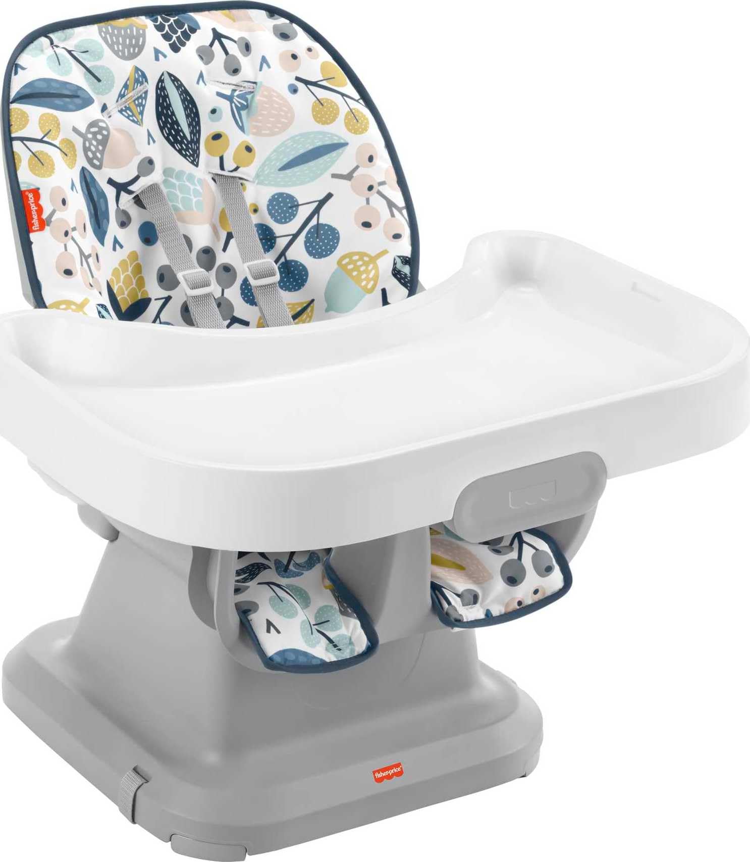 Fisher-Price SpaceSaver high chair navy foliage front view—compact design for small spaces.