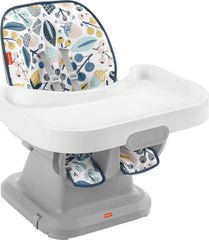 Fisher-Price SpaceSaver high chair navy foliage front view—compact design for small spaces.