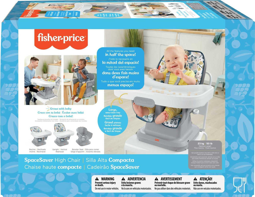 Fisher-Price SpaceSaver high chair navy foliage washable-seat-pad—machine-washable for busy homes.