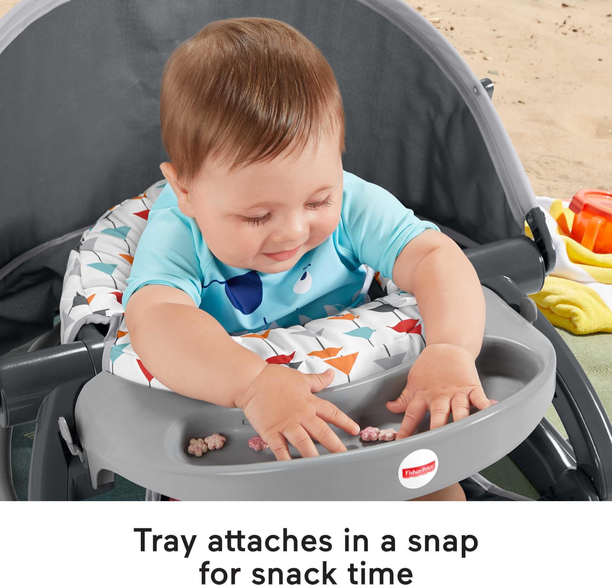 Fisher-Price Travel Baby Chair mesh back enhances baby comfort during use.
