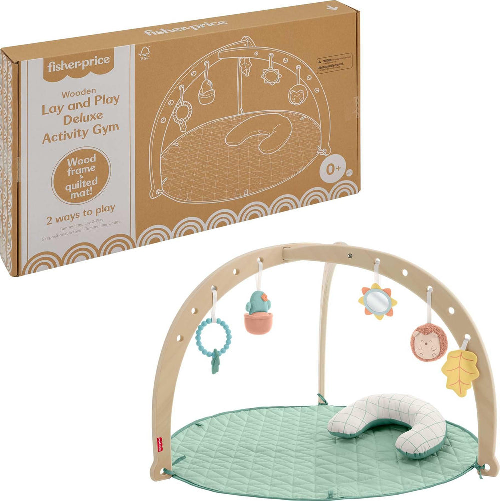 Fisher-Price wood playmat frame showing FSC-certified frame for sturdy newborn play