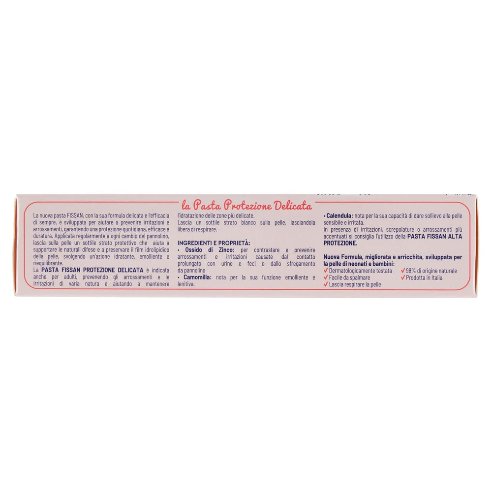 Fissan Pasta del 100ml natural-origin ingredients highlight gentle care for sensitive areas.