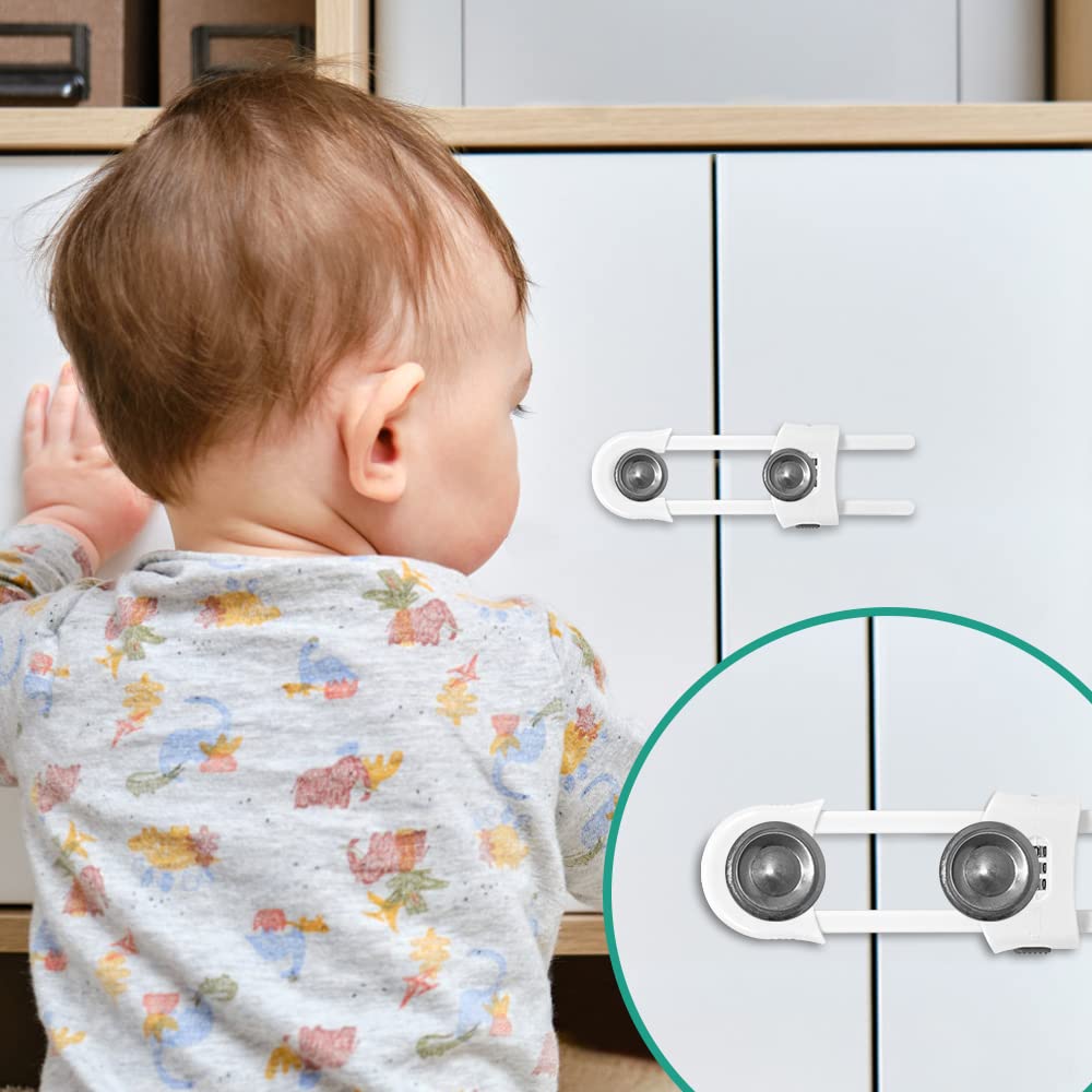 The 4-pack u-shaped sliding cabinet locks fit knobs and handles up to 5.3 inches apart.