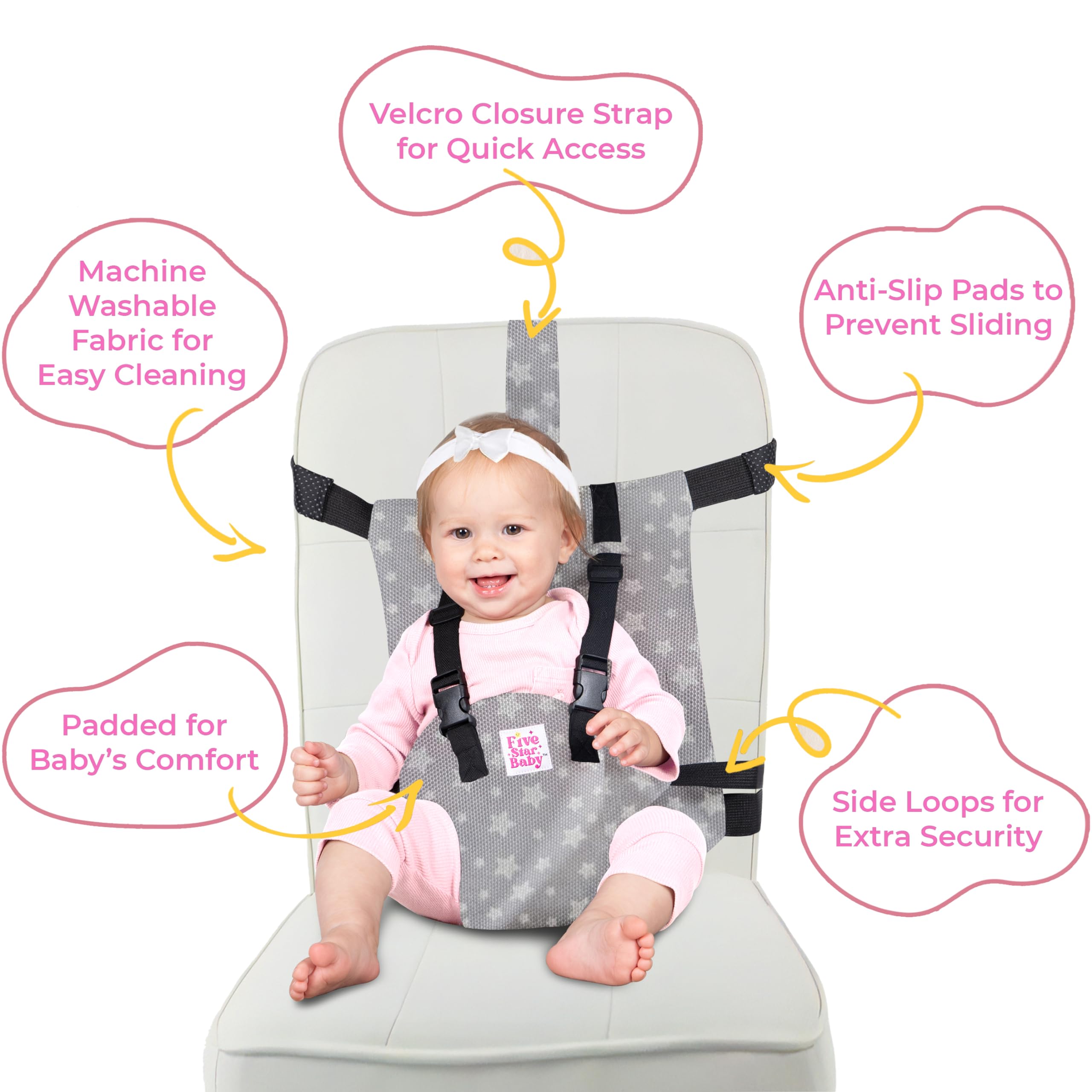 FIVESTARBABY chair-strap soft fabric panel provides comfortable support at mealtime