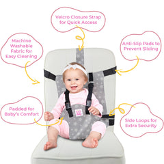FIVESTARBABY chair-strap soft fabric panel provides comfortable support at mealtime