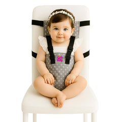 FIVESTARBABY portable chair strap in-use keeps baby secure during meals at the table