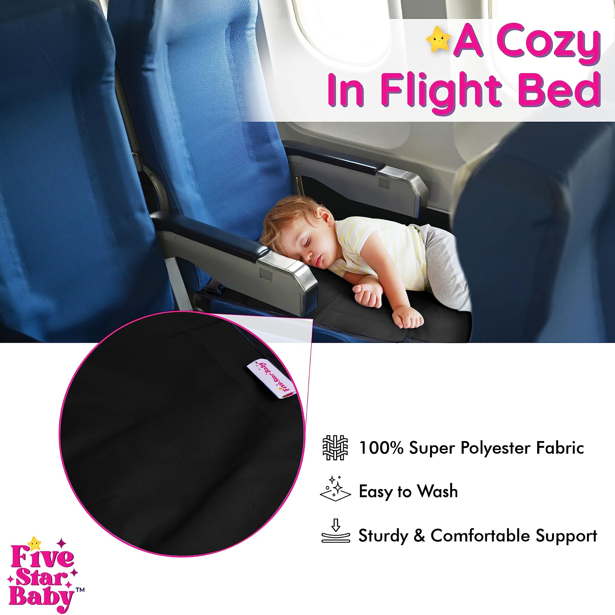 FIVESTARBABY toddler-airplane-bed-in-flight-use illustrates a lie-flat space during travel.