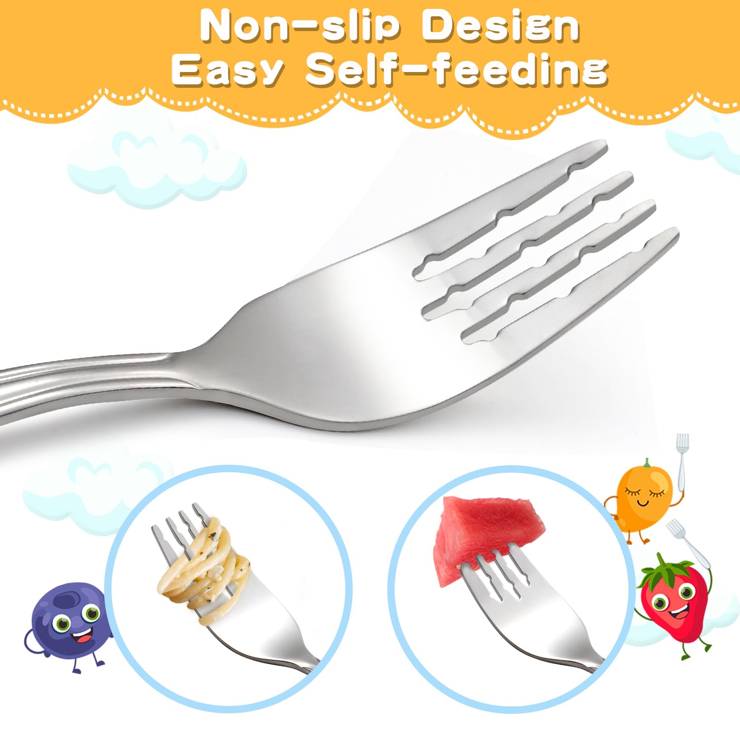 Fiwarex 8-piece toddler utensils animal character engraving adds playful mealtime appeal.