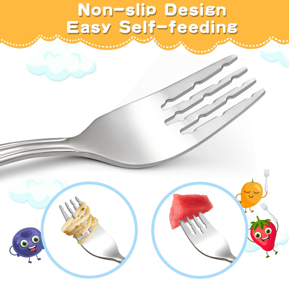 Fiwarex 8-piece toddler utensils animal character engraving adds playful mealtime appeal.
