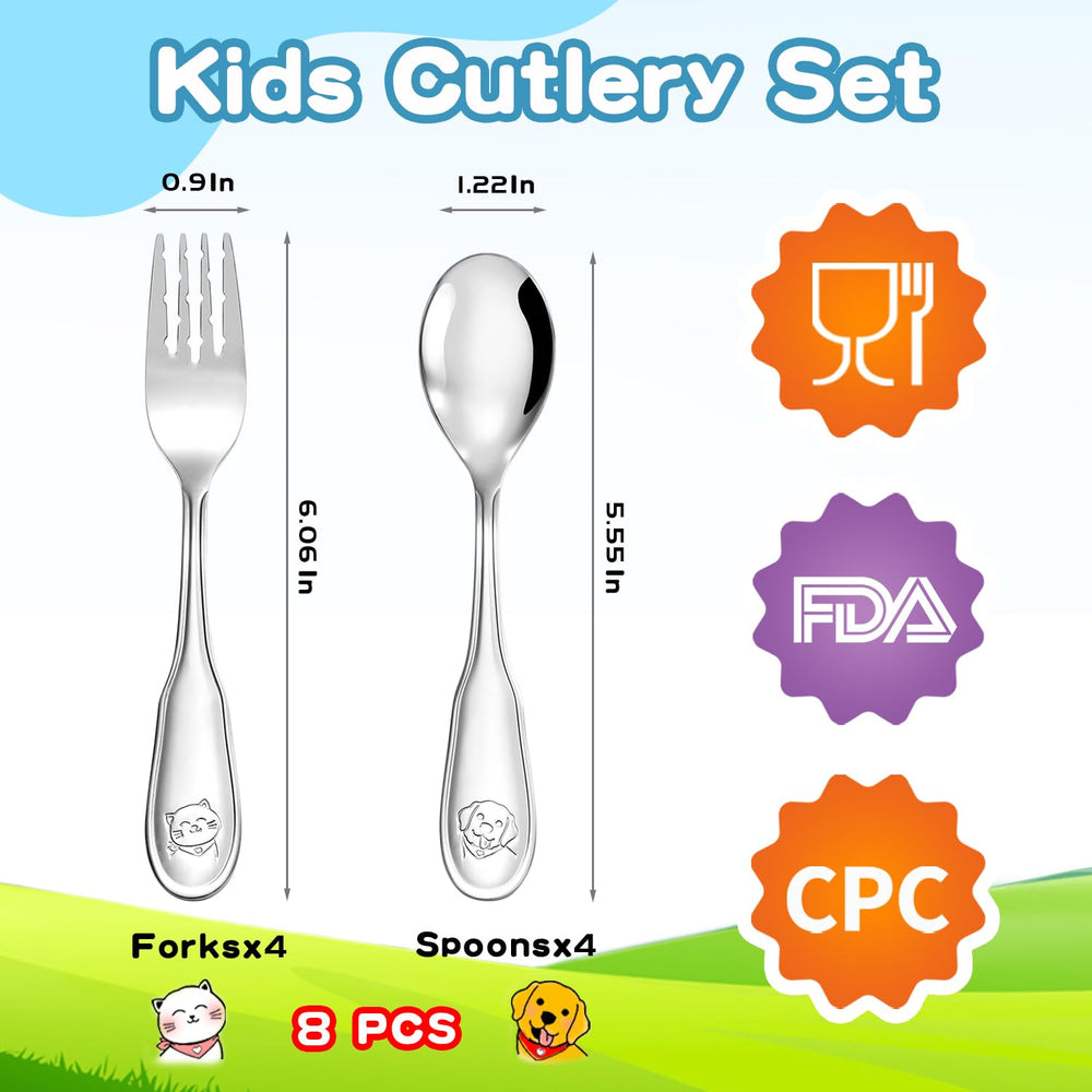 Fiwarex 8-piece toddler utensils anti-slip fork tines improve food pickup for independent meals.