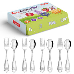 Fiwarex 8-piece toddler utensils front view shows durable stainless steel for daily use.