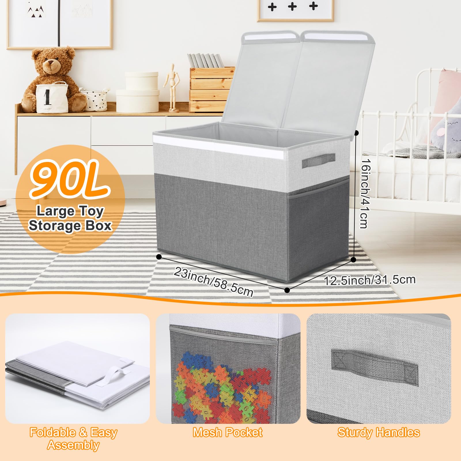 Fiwochic 11-inch cubes bin grey-white organizes blocks and plush.