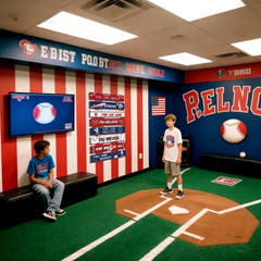 Fiwochic baseball room decor features a denim blue red palette for dorms and offices.