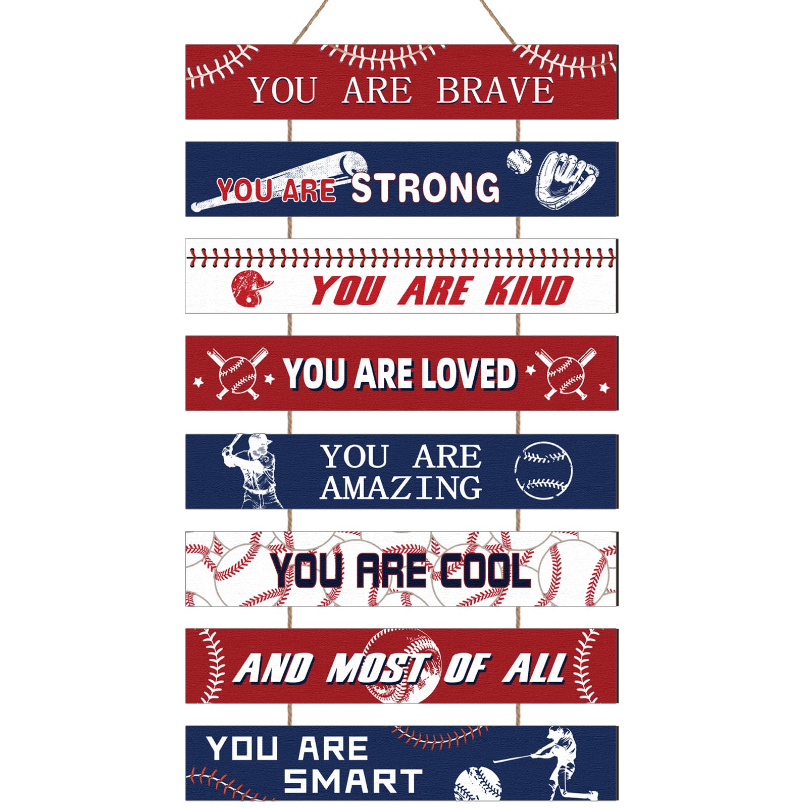 Fiwochic baseball wall decor eight plaque set in denim blue and red energizes teen rooms.