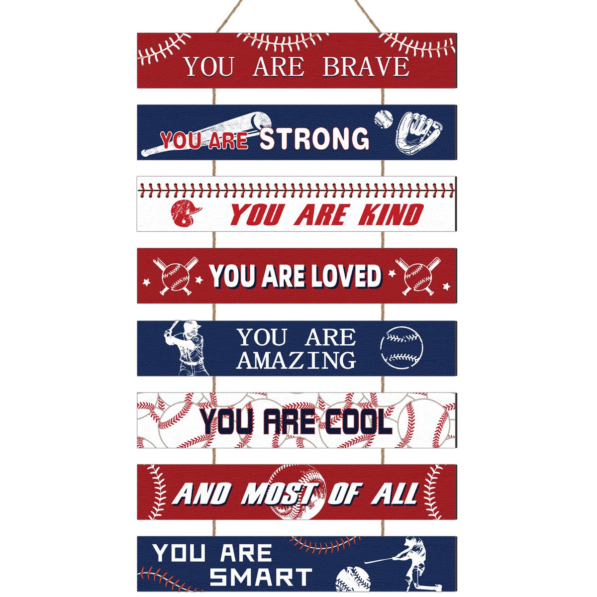 Fiwochic baseball wall decor eight plaque set in denim blue and red energizes teen rooms.
