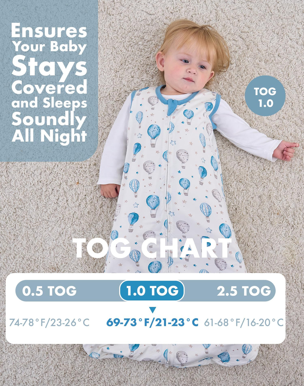 FJORHAL sleep sack size range illustrates growth from newborn to 24 months