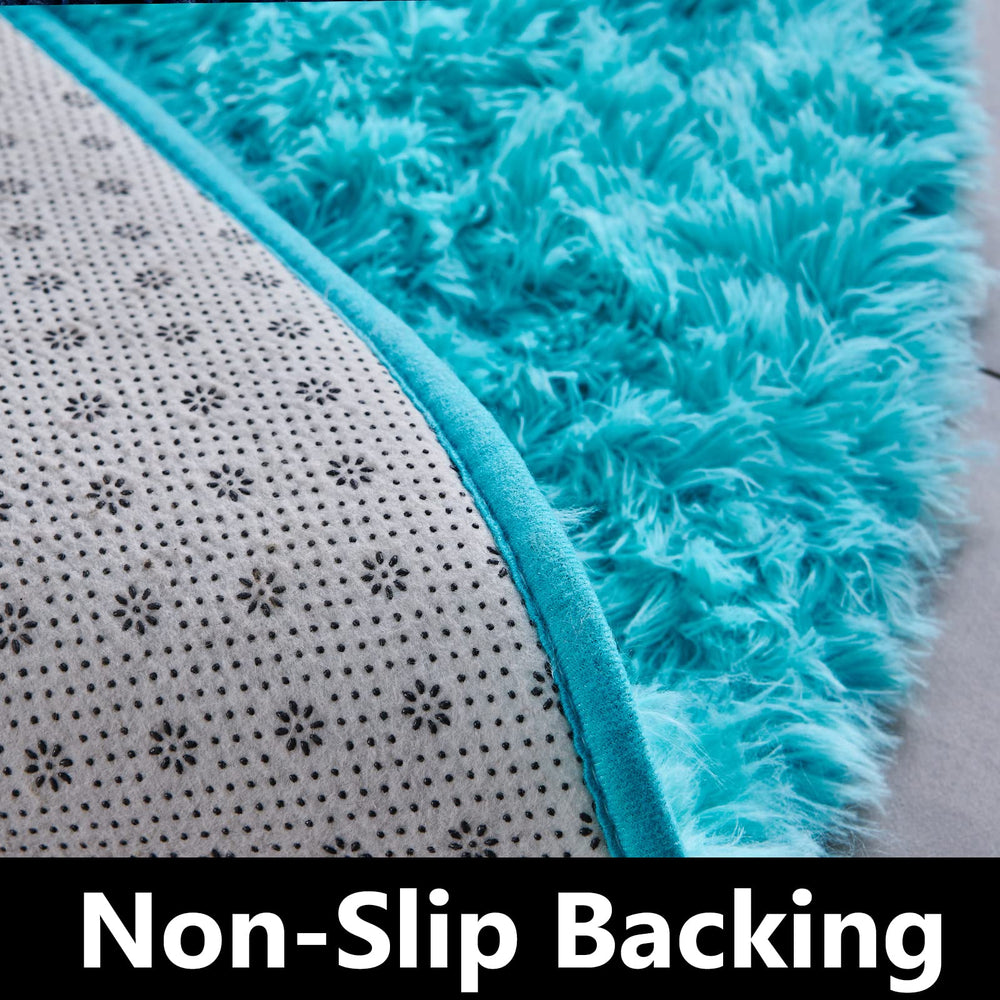 FJZFING blue round rug care-cleaning demonstrated with vacuum and damp wipe for easy maintenance.