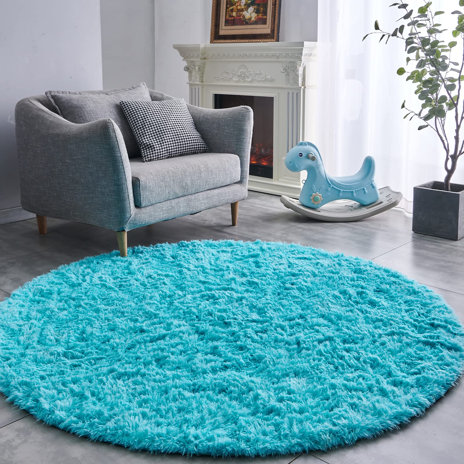 FJZFING blue round rug ultra-soft plush close-up shows luxurious, cloud-like pile for cozy feet.