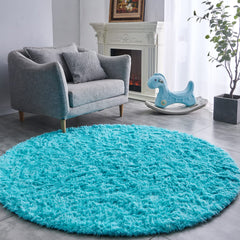 FJZFING blue round rug ultra-soft plush close-up shows luxurious, cloud-like pile for cozy feet.