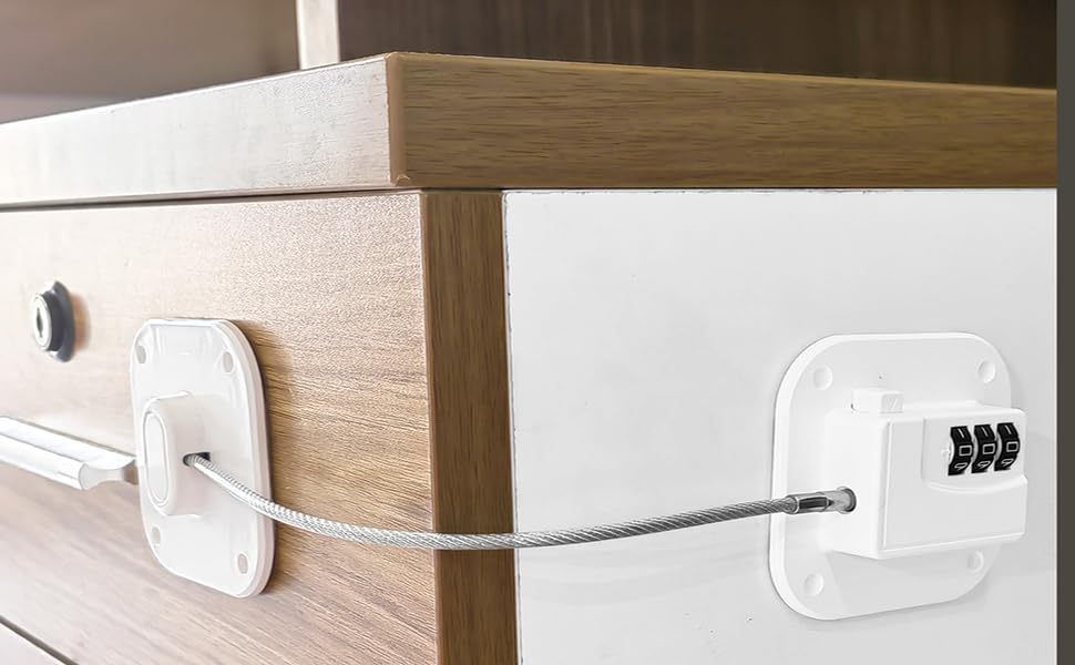FKTUV Refrigerator Lock adhesive pads emphasize reuse and no-drill mounting options.