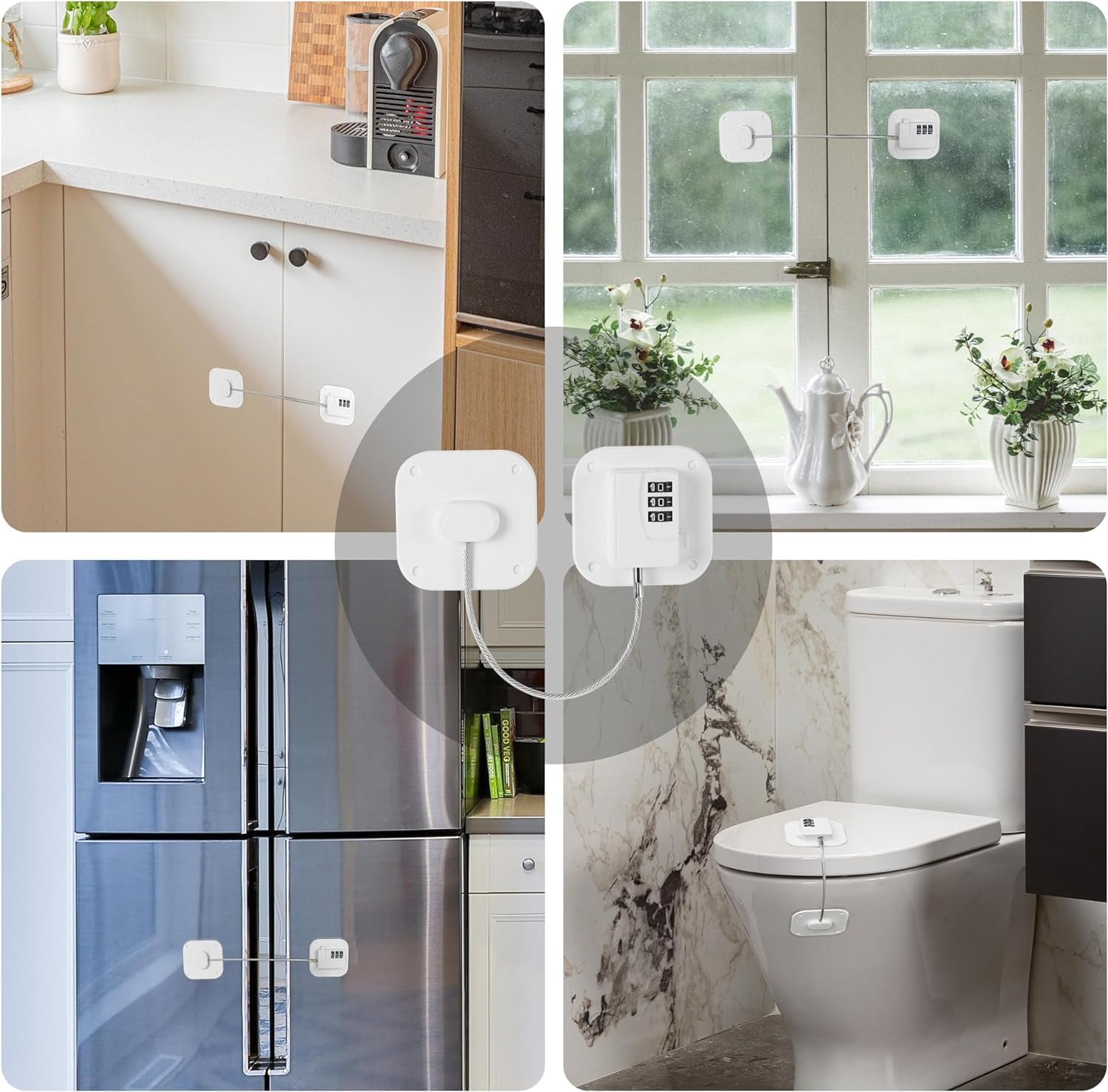 FKTUV Refrigerator Lock close-up emphasizes strong adhesive pads and durable construction.