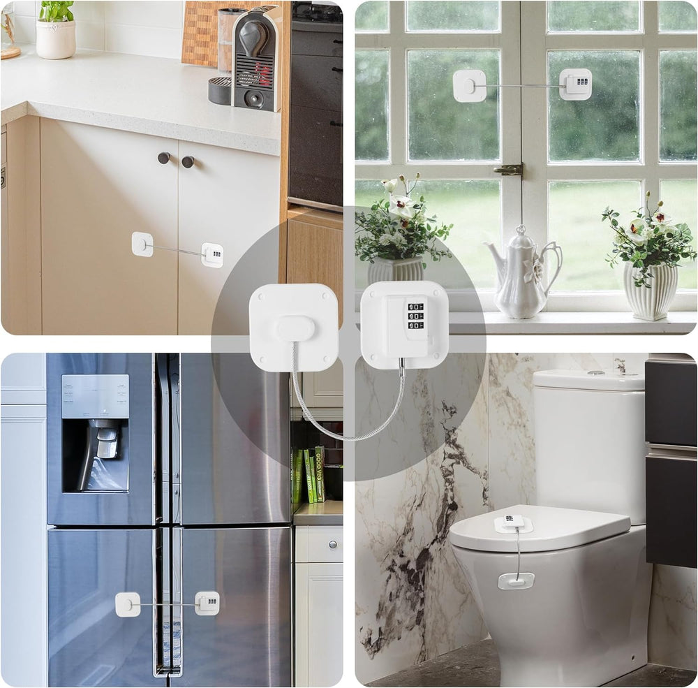 FKTUV Refrigerator Lock close-up emphasizes strong adhesive pads and durable construction.