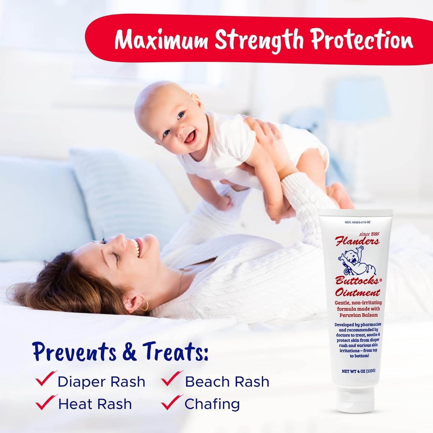 Flanders Buttocks Ointment being applied to infant diaper area for comfort during changes.