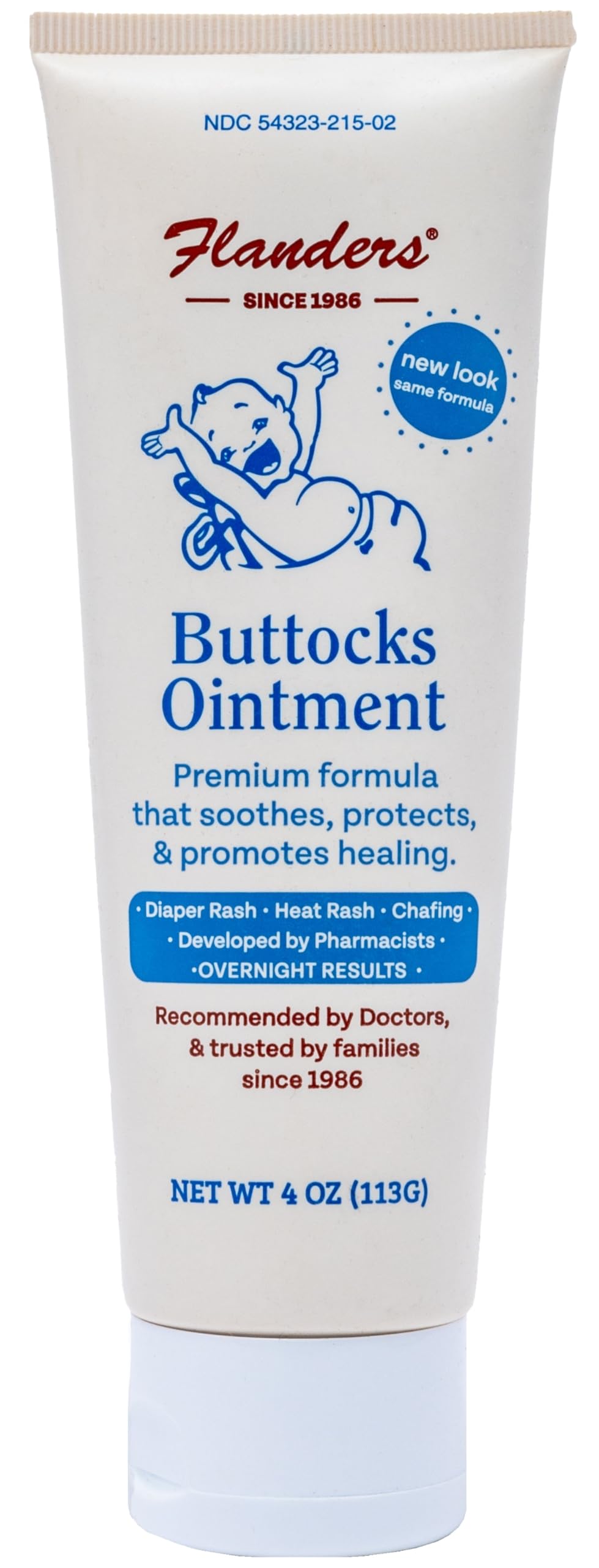 Flanders Buttocks Ointment tube front view showing diaper rash relief potential.