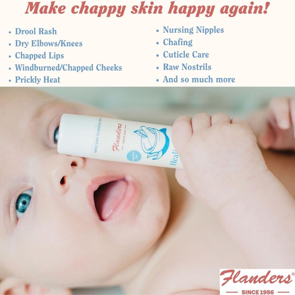 Flanders Healing Stick application on hand delivers immediate moisturization for dry, irritated skin.