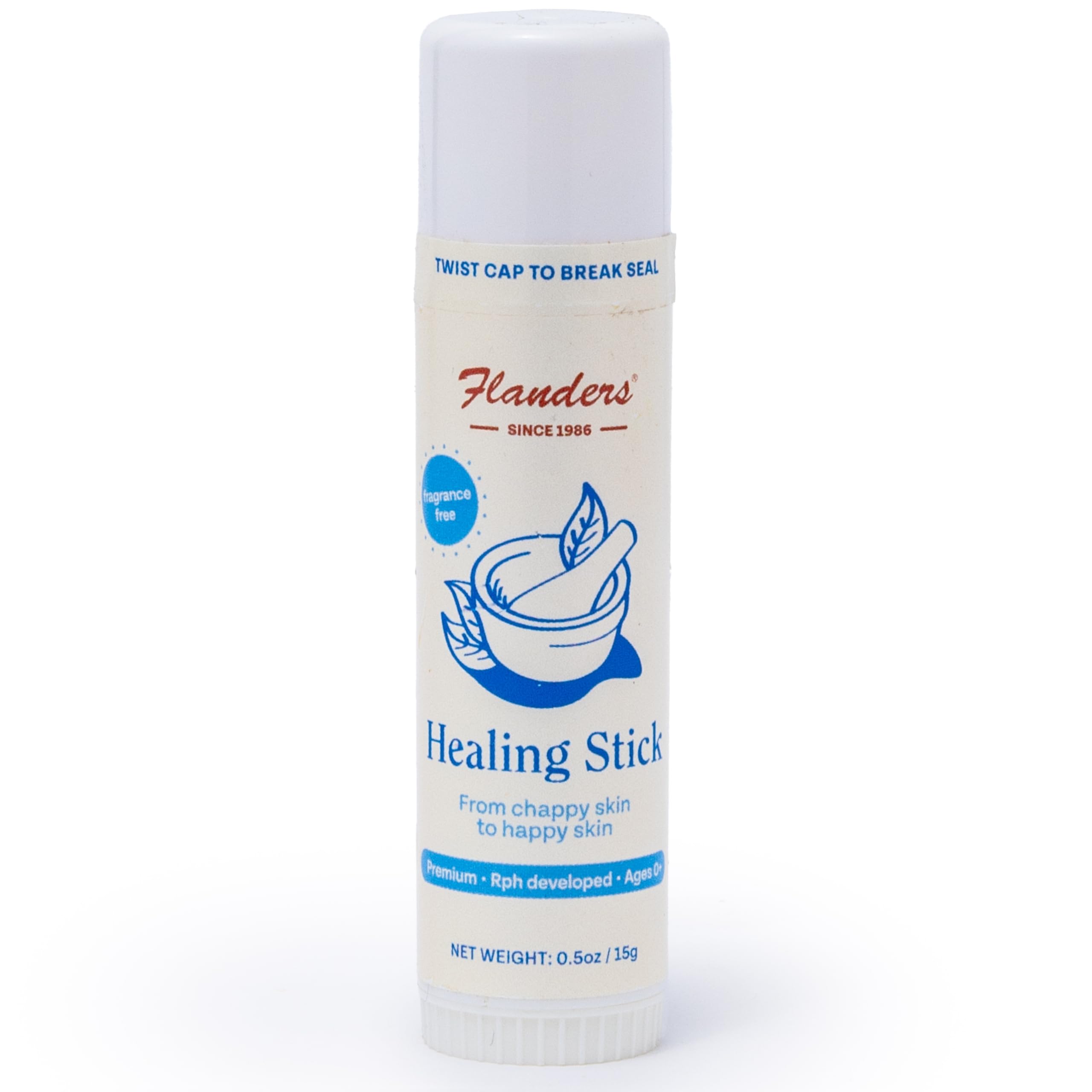 Flanders Healing Stick packaging shows unscented balm for sensitive skin and on-the-go use.