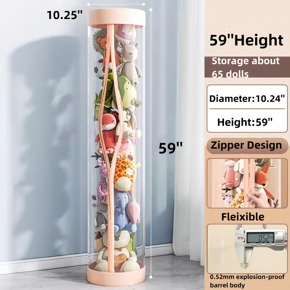 Flarelyare 60-inch tall clear tube highlights plush display while saving floor space.