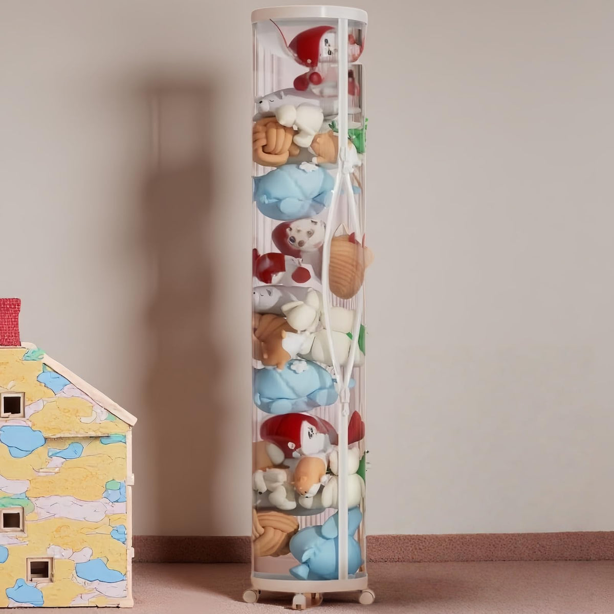 Flarelyare large stuffed-animal storage-tube with wheels shows plush toys with easy mobility.