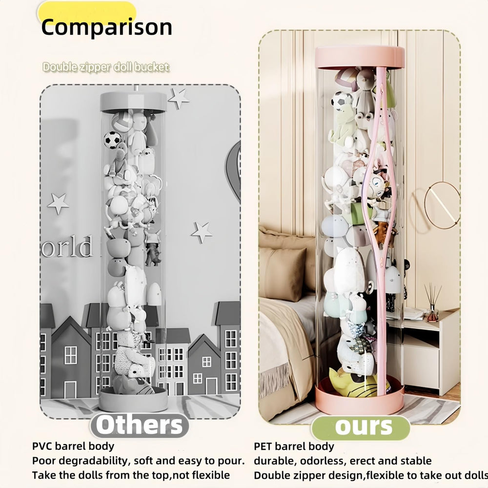 Flarelyare PET plastic cylinder keeps plushes protected and neatly organized.