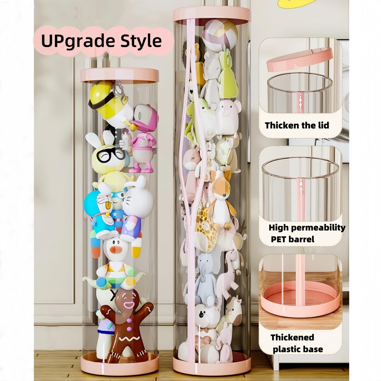 Flarelyare plush storage tube with double zipper ensures secure, top-access toy retrieval.