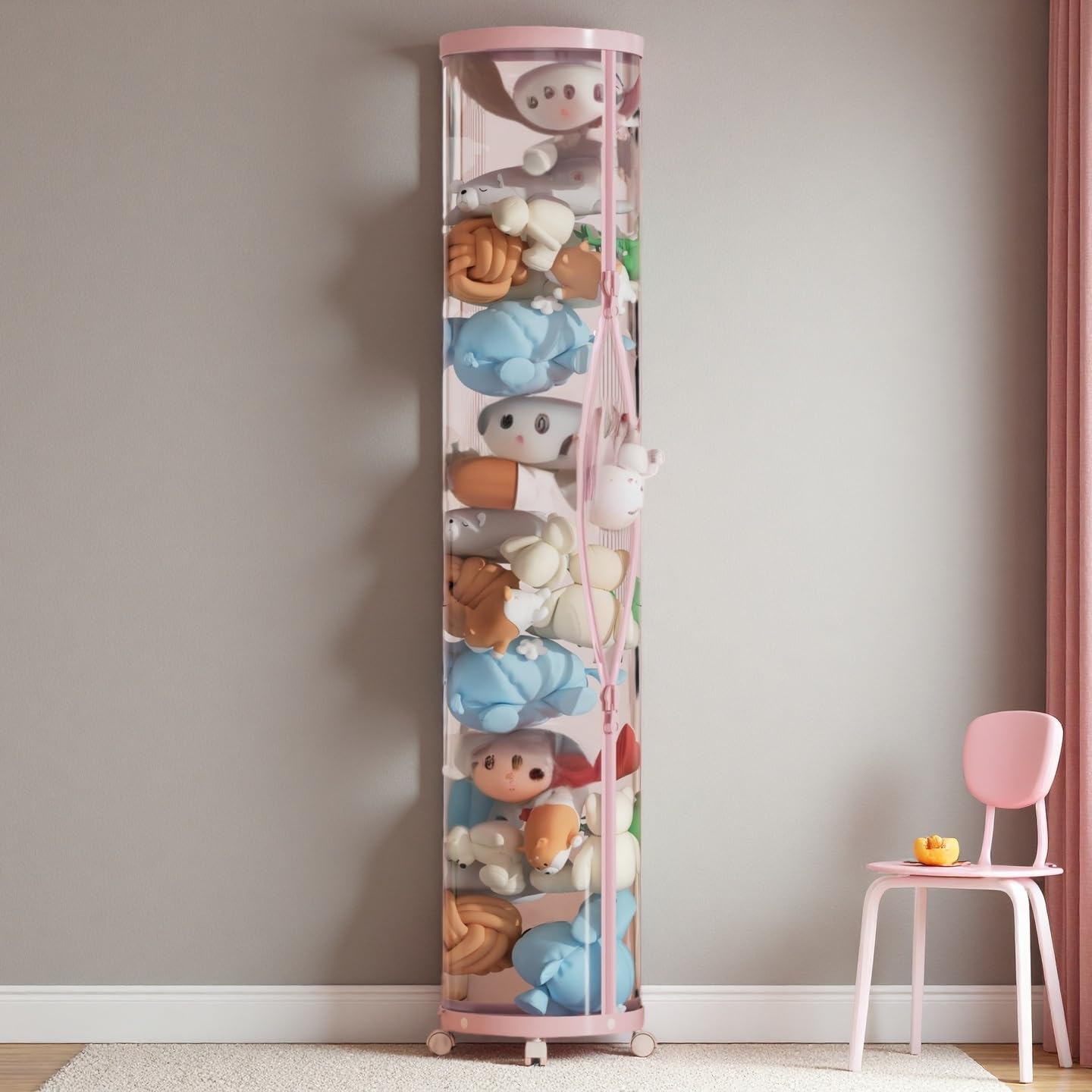 Flarelyare stuffed animal storage tube with wheels demonstrates organized plush toys for quick access.