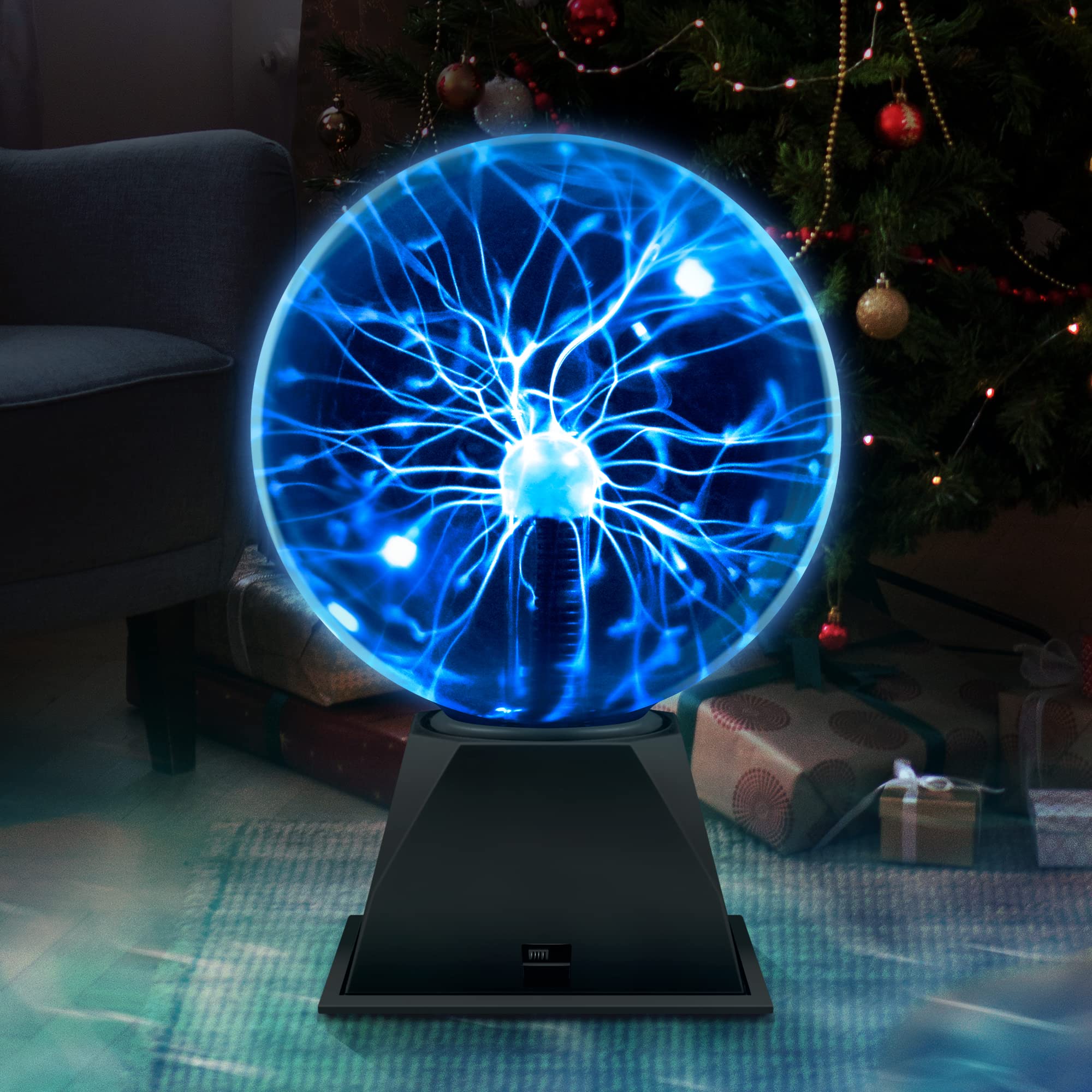 Flashmen plasma ball blue side view shows dynamic glow and finger-following light trails