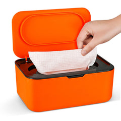 Flenpptly baby wipes dispenser black with lid open for quick one-handed access.