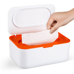 Flenpptly baby wipes dispenser front view in orange, quick, non-slip access.
