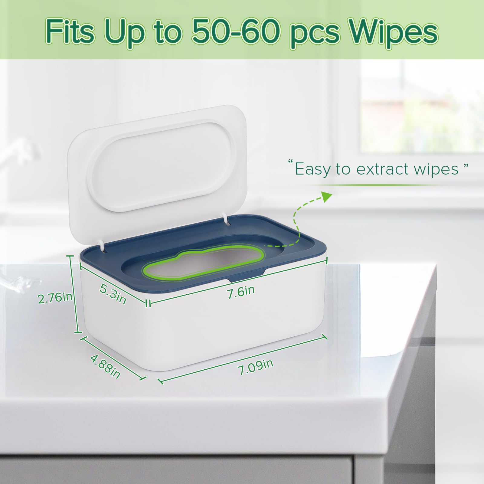 Flenpptly blue wipes dispenser enables one-handed use during care.