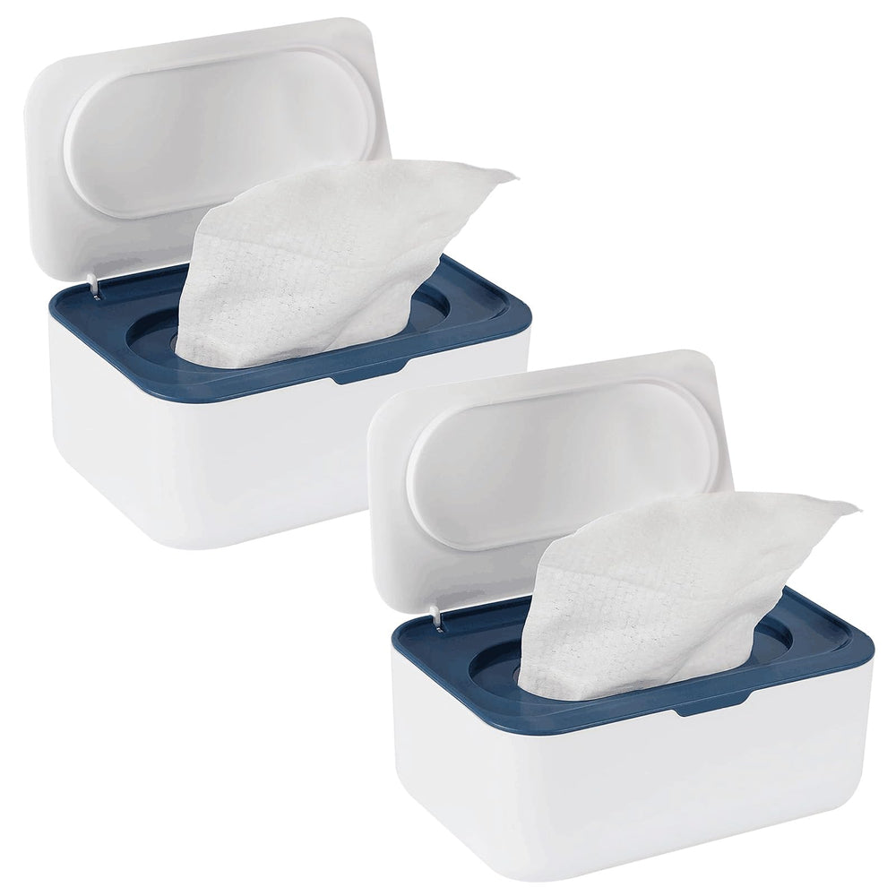 Flenpptly blue wipes dispenser with open lid for quick access.