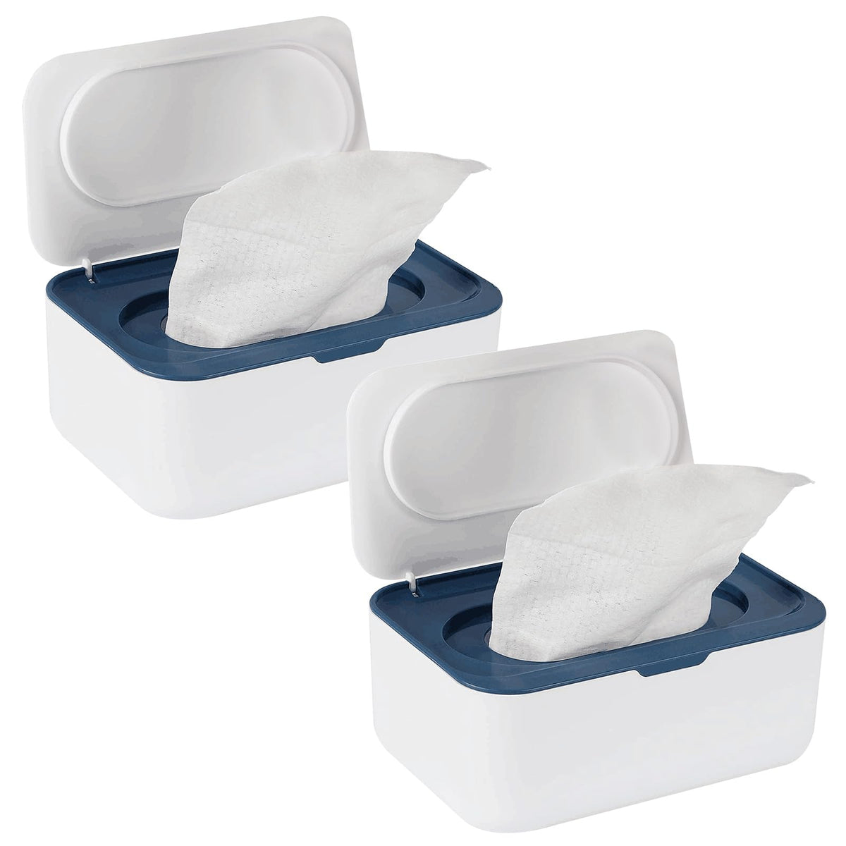 Flenpptly blue wipes dispenser with open lid for quick access.