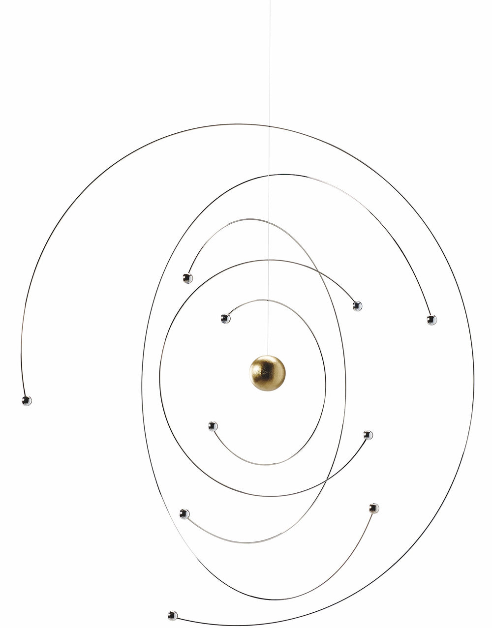 Flensted Niels Bohr Atom Mobile 9in steel assembly shows balanced moving parts for tranquil viewing.