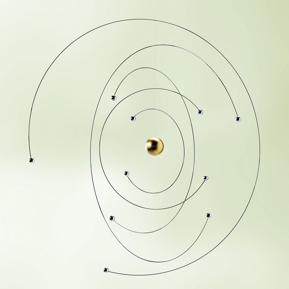 Flensted Niels Bohr Atom Mobile 9in steel orbs detail highlights precise orbiting elements for study-inspired decor.