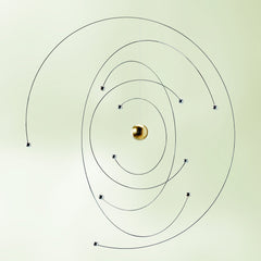 Flensted Niels Bohr Atom Mobile 9in steel orbs detail highlights precise orbiting elements for study-inspired decor.