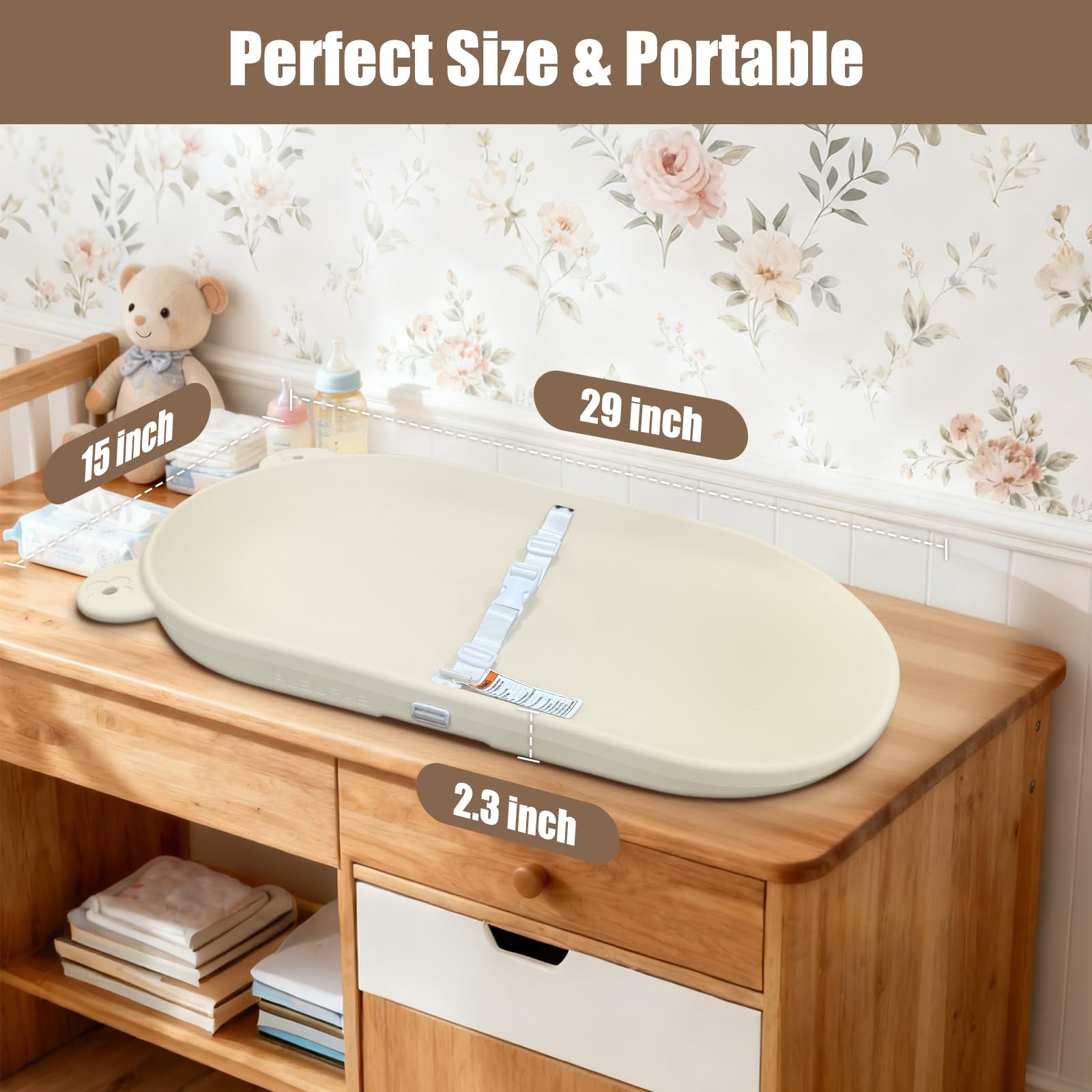 FLEUFAB portable changing pad in a nursery setup for compact storage and travel